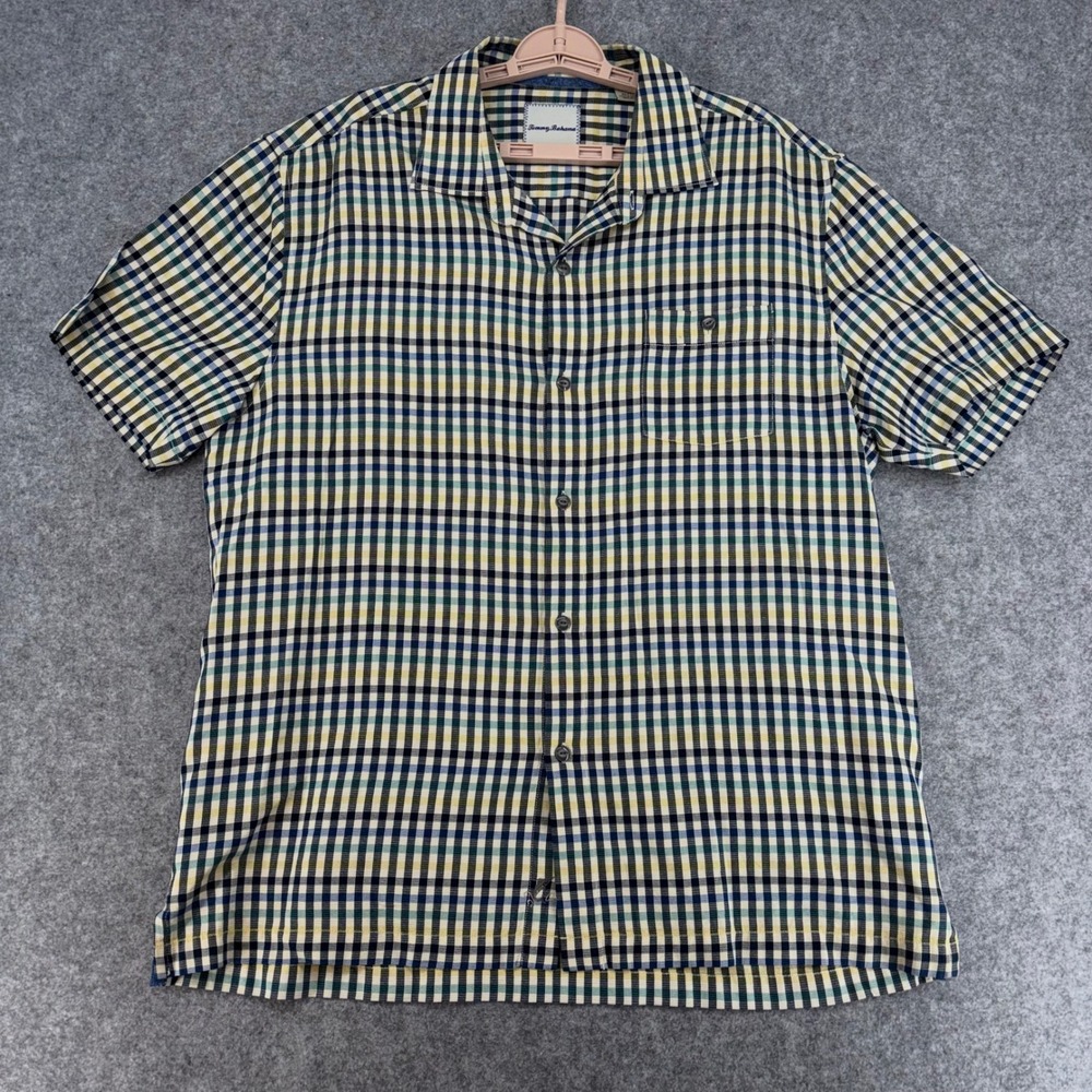Tommy Bahama Mens XL Silk Short Sleeve Check Camp Button Down Shirt Blue Green